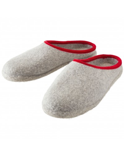 Backless felt slippers of virgin sheep wool for women, men and children grey-red by Haunold