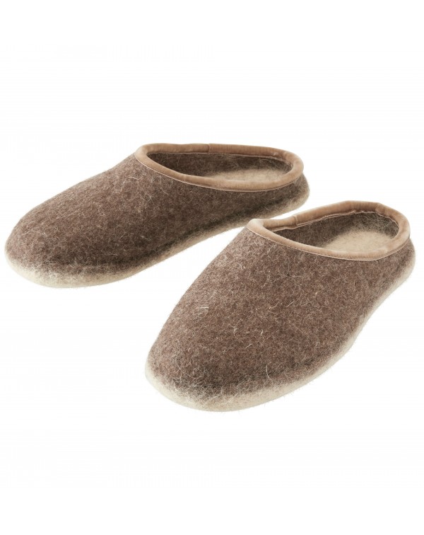 Offene Filzpantoffeln aus reiner Wolle für Damen und Herren in braun-beige von Haunold