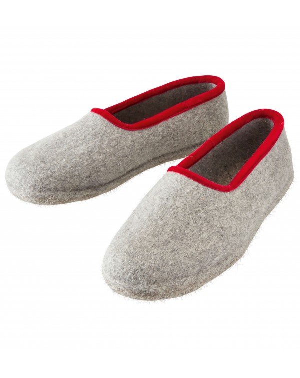 Felt slippers of virgin sheep wool for women, men and children grey-red by Haunold