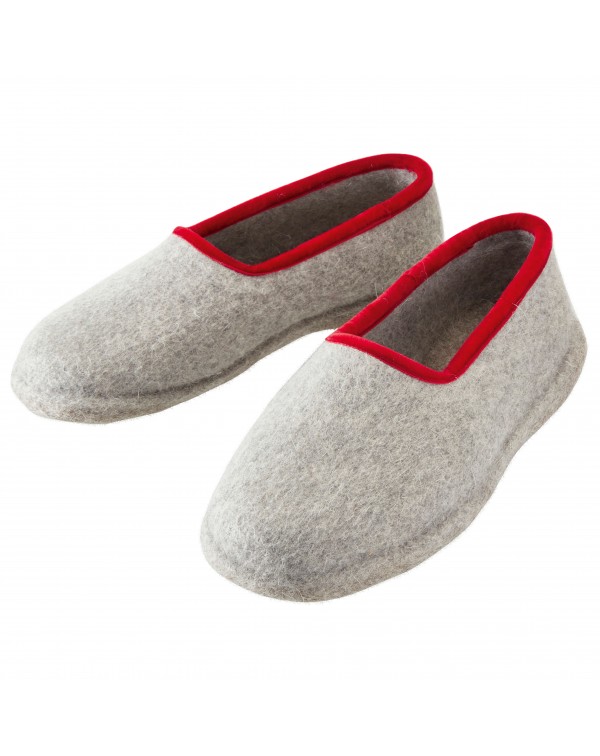 Felt slippers with heel for women and men, of virgin sheep wool, grey-red by Haunold