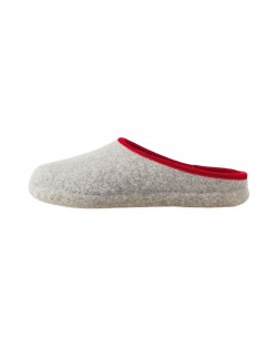 Backless felt slippers of virgin sheep wool for women, men and children grey-red by Haunold