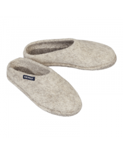 Hausschuh Alma slippers , einfache Filzpantoffeln von Haunold, Etikett blau - Wasser, Bergschaf-Wolle und deutsche Merino