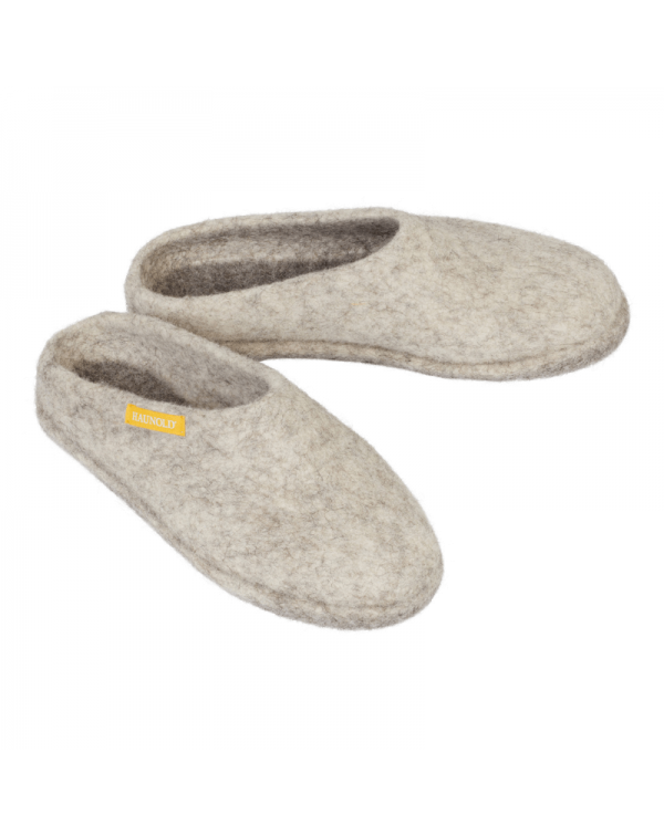 Hausschuh Alma slippers , einfache Filzpantoffeln von Haunold, Etikett gelb - Sonne, Bergschaf-Wolle und deutsche Merino