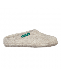 Hausschuh Alma slippers , einfache Filzpantoffeln von Haunold, Etikett grün - Weide, Bergschaf-Wolle und deutsche Merino