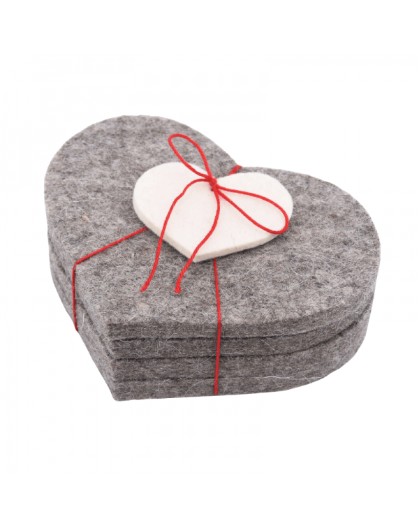 Glass coasters heart, 4 pieces of Haunold fulled felt, natural gray thick Glass coasters heart, 4 pieces of Haunold fulled felt, natural gray thick