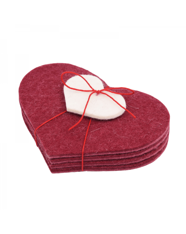 Haunold Glasuntersetzer Herz dünn,  4 Stück aus feiner Merinowolle, rot mit weißem Dekoherz