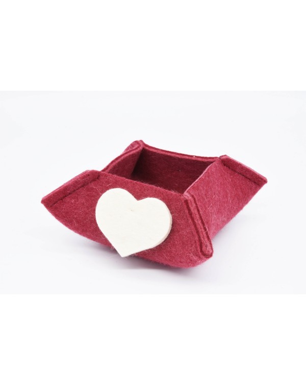 Haunold felt box of fine merino wool, red with white hearts, small