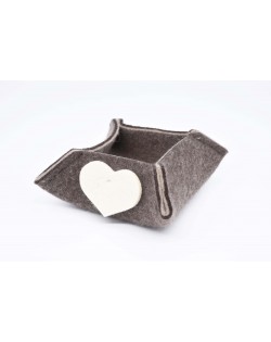 Haunold felt box of fine merino wool, brown with white hearts, small