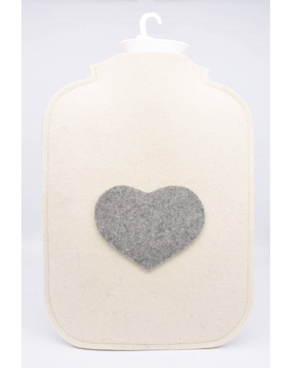 Hot water bottle cover made of Haunold fulled felt, wool white with grey heart at the front