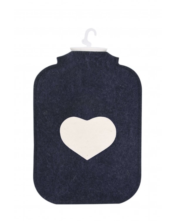 Copri borsa acqua calda di pregiato feltro follato Haunold, blu con cuore bianco lana sul davanti