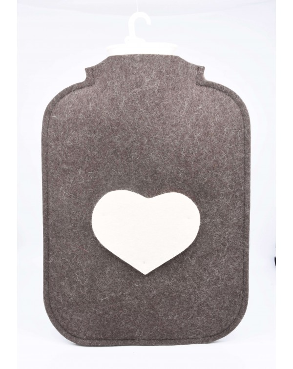 Hot water bottle cover made of Haunold fulled felt, brown with white heart at the front