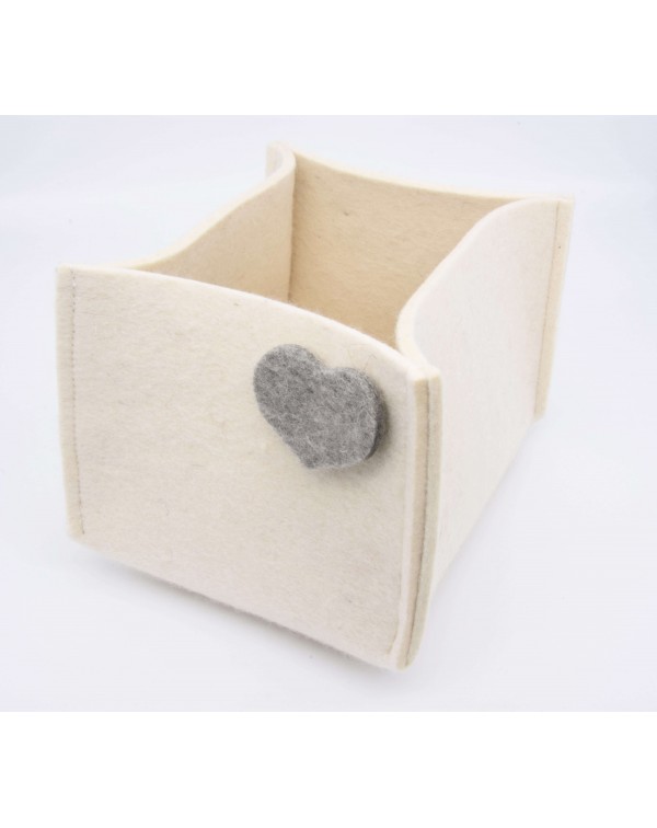 Haunold felt container of fine merino wool, wool white with grey hearts